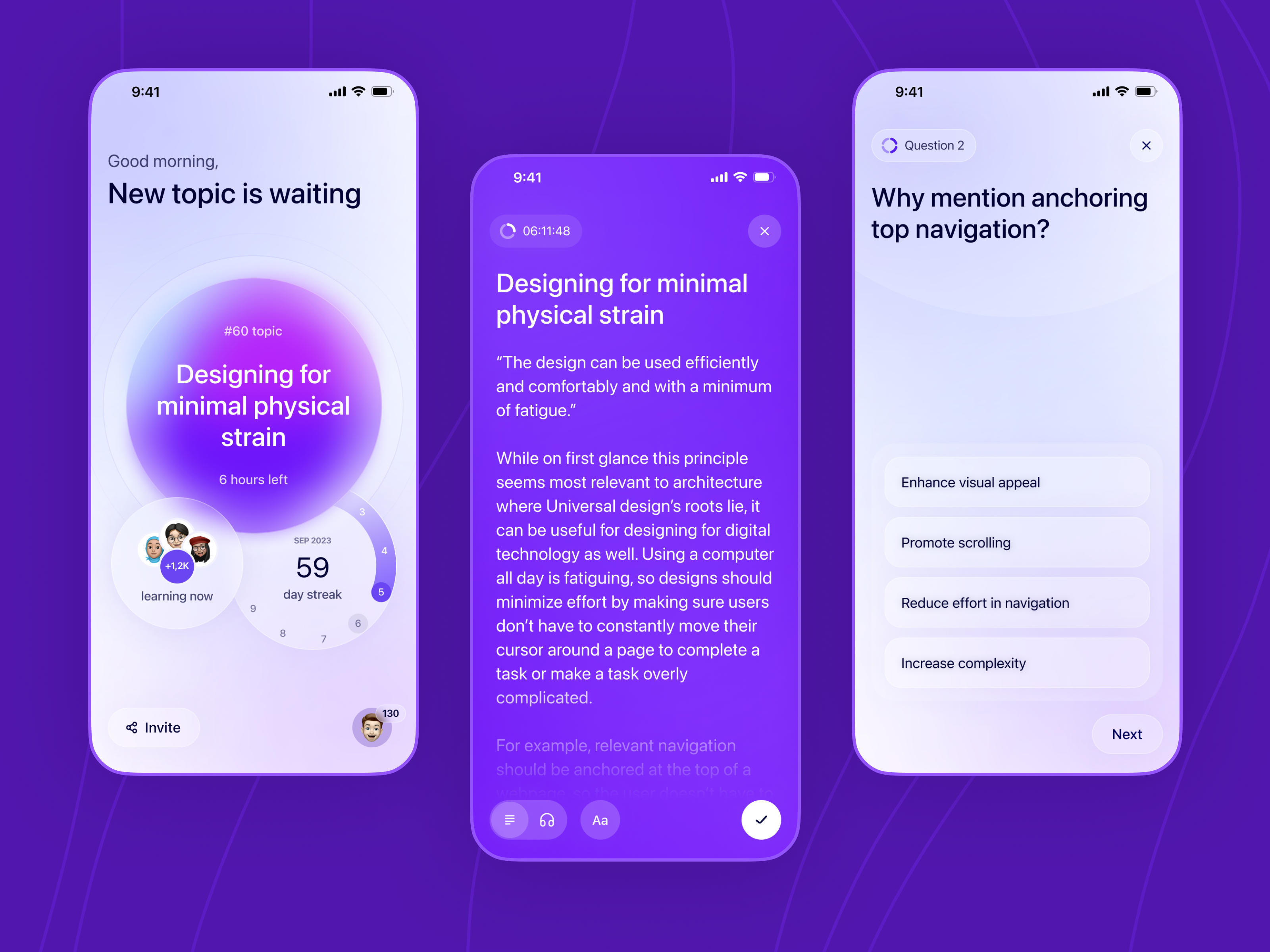 One tap learn UX mobile concept concept design edtech education knowledge learn mobile quiz topic ui ux