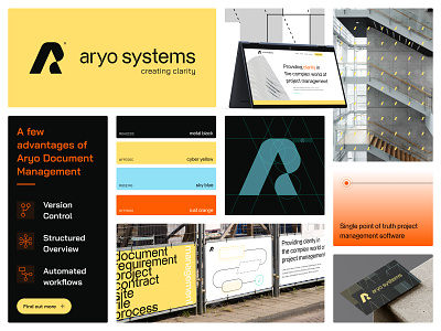 Aryo Systems - Brand Identity aryo systems brand identity branding clarity construction custom document management engineering insights logo software solution yellow