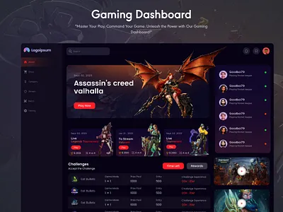 Gaming Dashboard blakmode casino dashboard design game game dashboard gaming dashboard illustration minimal ui