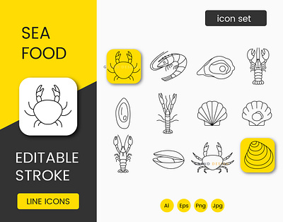 Seafood, crustaceans, and mollusks, a set of vector line icon crayfish