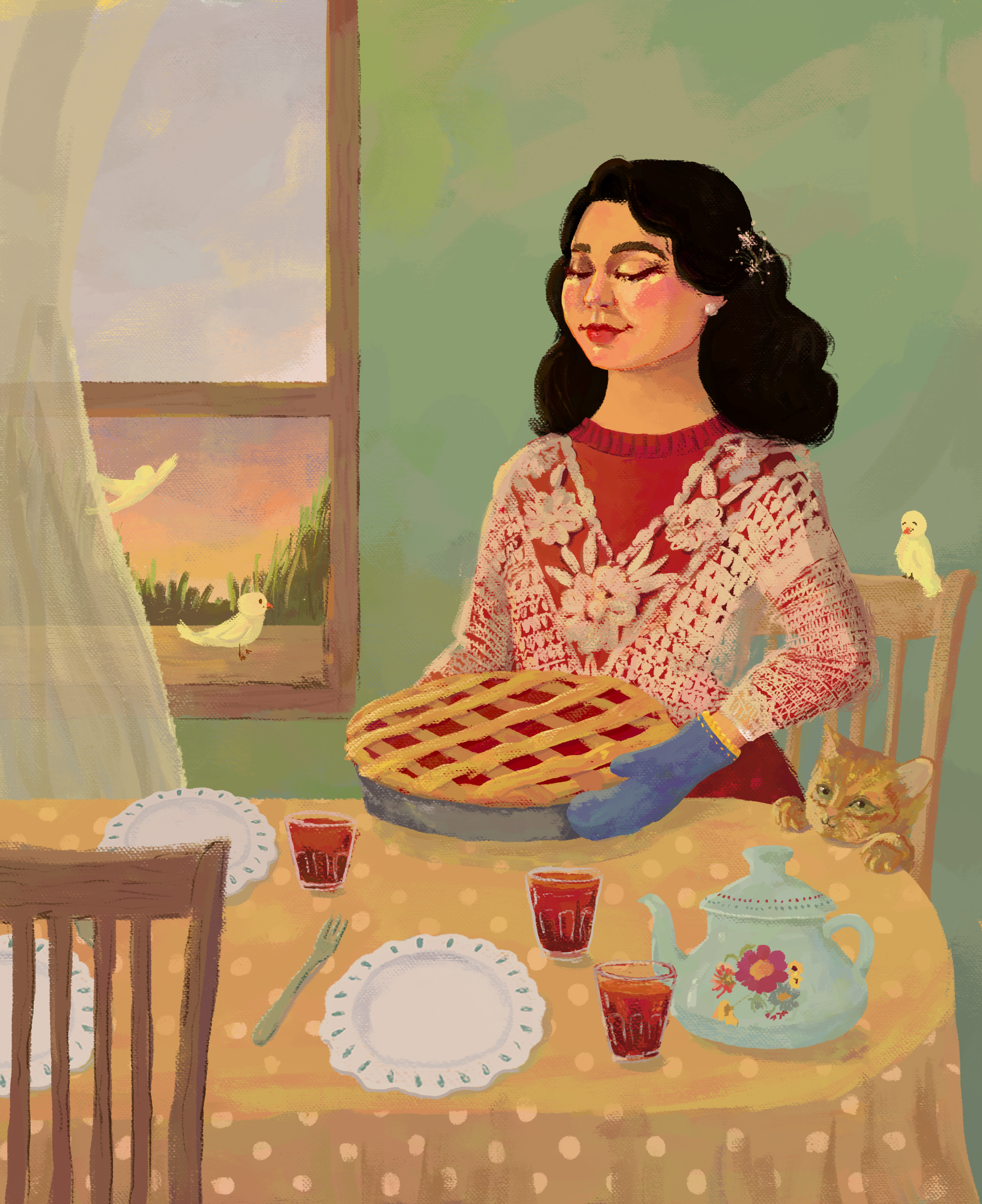 Tea Party afternoon animal birds cat clip studio paint cozy cup design digital art illustration party strawberry pie sulit tea teapot vintage warm window