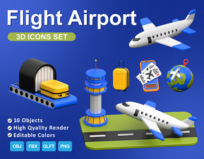 Flight Airport 3D icon Set ✨ 3d aeroplane icons online ticket booking travel location trolley bag