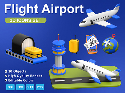 Flight Airport 3D icon Set ✨ 3d aeroplane icons online ticket booking travel location trolley bag