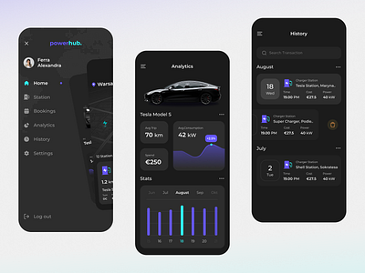 EV Status Managing Mobile App app car charging clean dark design ev fireart mobile modern ui ux
