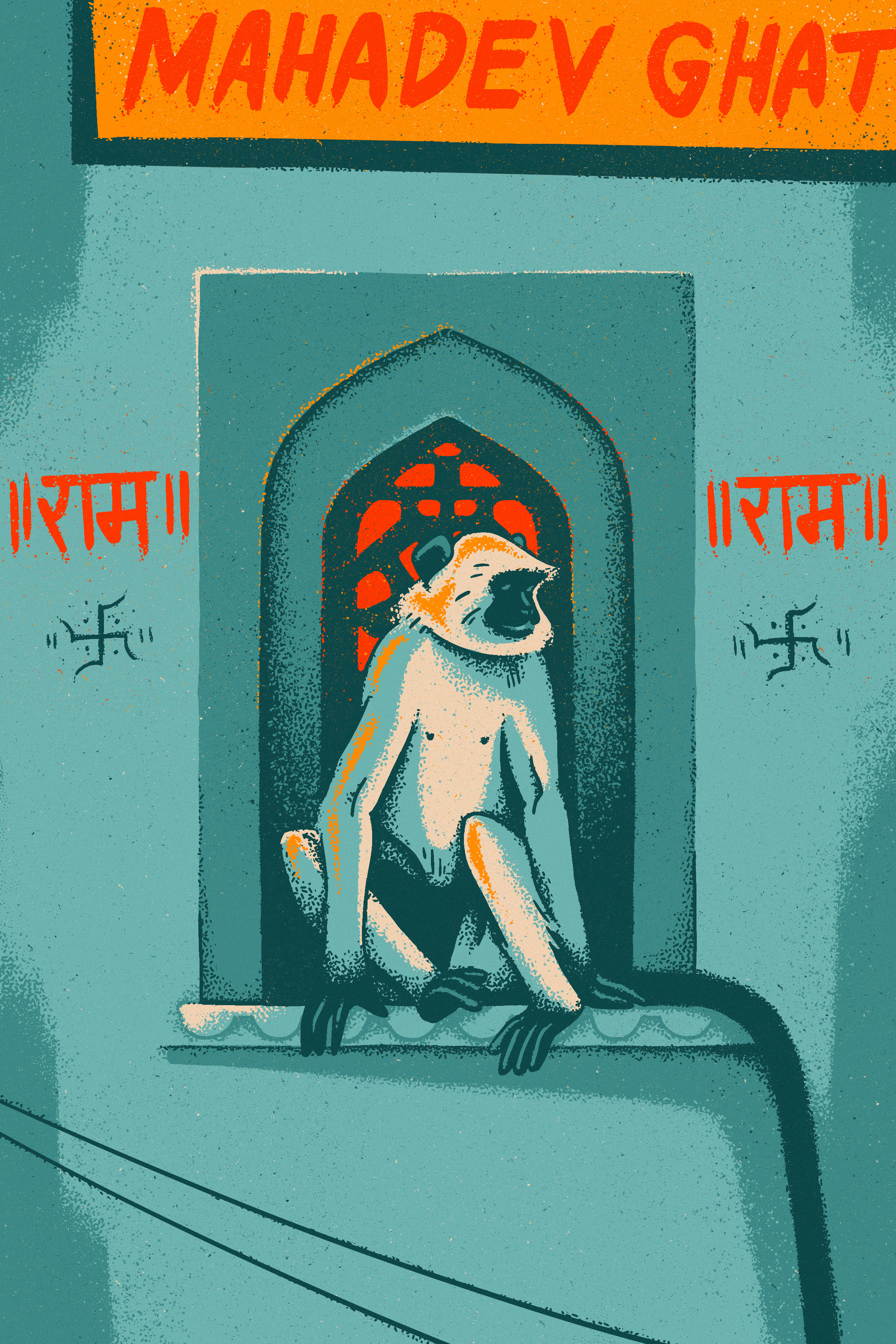 Langoor (full inside) animal antique arch architecture blue hindu illustration india langoor light monkey noise orange pattern procreate rustic sighn swastika texture window