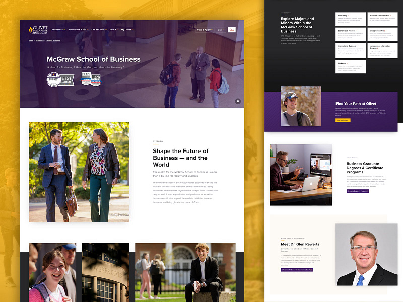 Olivet - Website Redesign, School of Business page business button cards clean contrast gold overlap overlay people photography purple school simple sophisticated students texture ui university video website