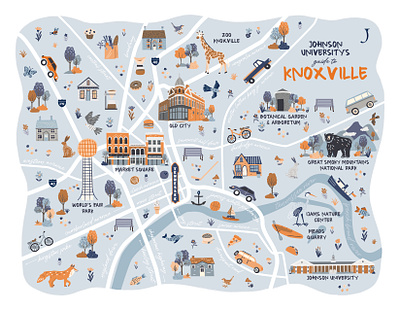 Knoxville Experience Map admissions blue branding city map collage creative design fall mailer graphic design illustrated map illustration johnson university knoxville map orange poi points of interest university vector