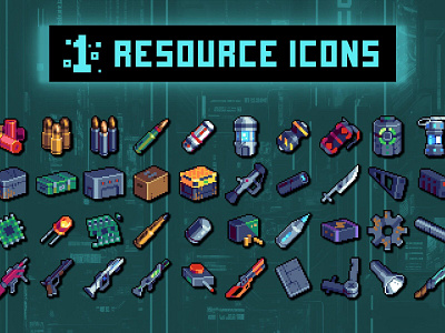 Cyberpunk Weapons and Ammo Pixel Art 32×32 Icon Pack 2d 32x32 asset assets cyberpunk fantasy game game assets gamedev icon icons indie indie game pixel pixelart pixelated rpg set weapon weapons