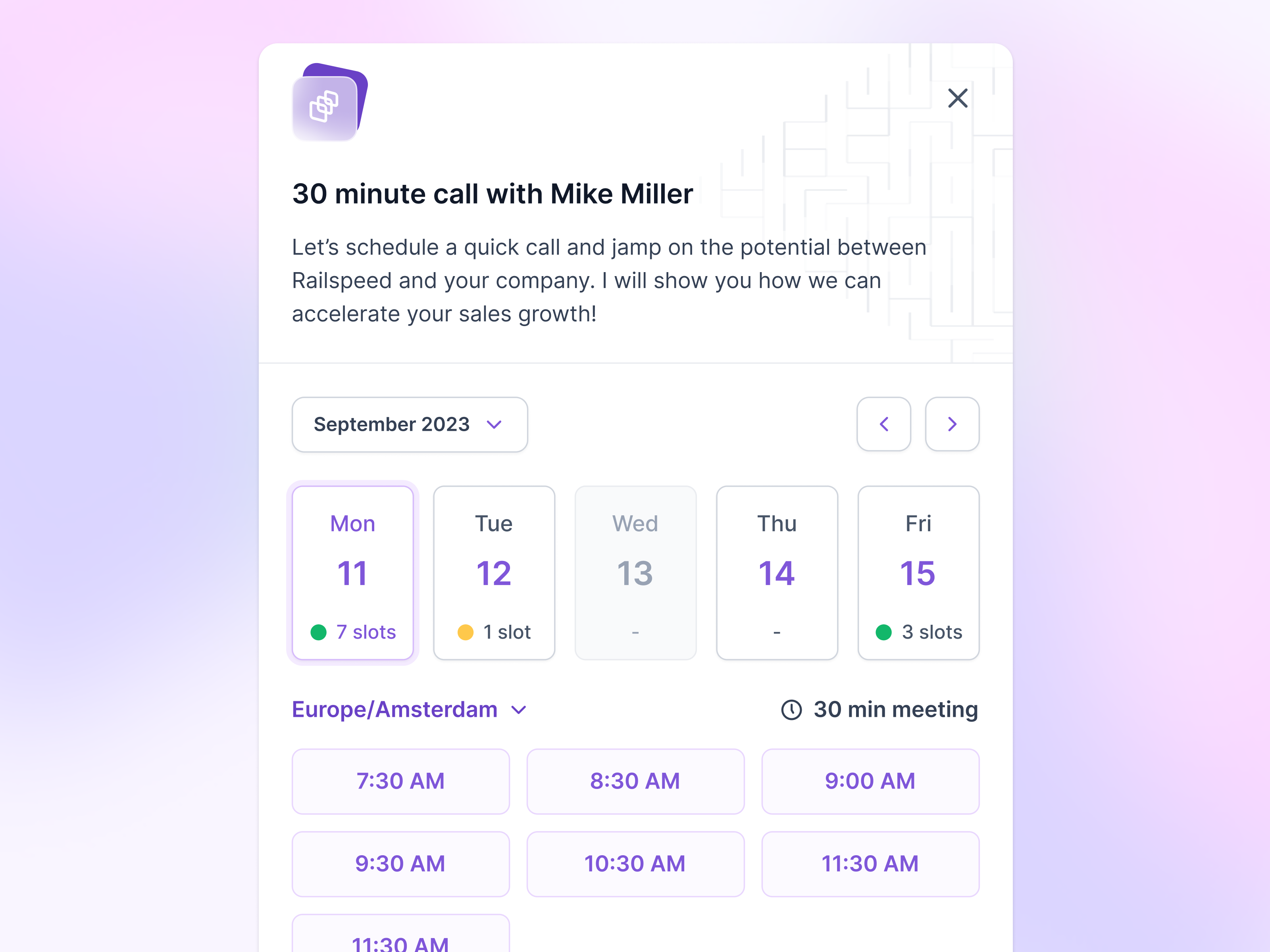 Scheduling (time picker) availability available slot available time booking cal cal.com calendar calendly chilipiper confirmation google calendar outlook schedule scheduler scheduling select time slot time slot time zone week