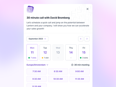 Scheduling (time picker) availability available slot available time booking cal cal.com calendar calendly chilipiper confirmation google calendar outlook schedule scheduler scheduling select time slot time slot time zone week