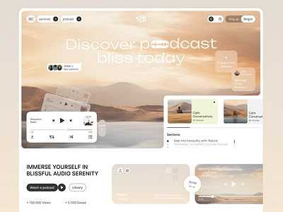 Podcasts Landing Page audio best podcastss card community conversation interview live magazine meditation mindfullness minimal design podcast radio social spotify story streaming ui ux web design website