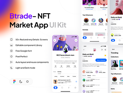 Btrade- NFT Marketplace App UI Kit app blockchain concept dark mode design golo illustration market minimal mobile app nft piqodesign shopping ui ui kit uiux uixamjad uixninja ux