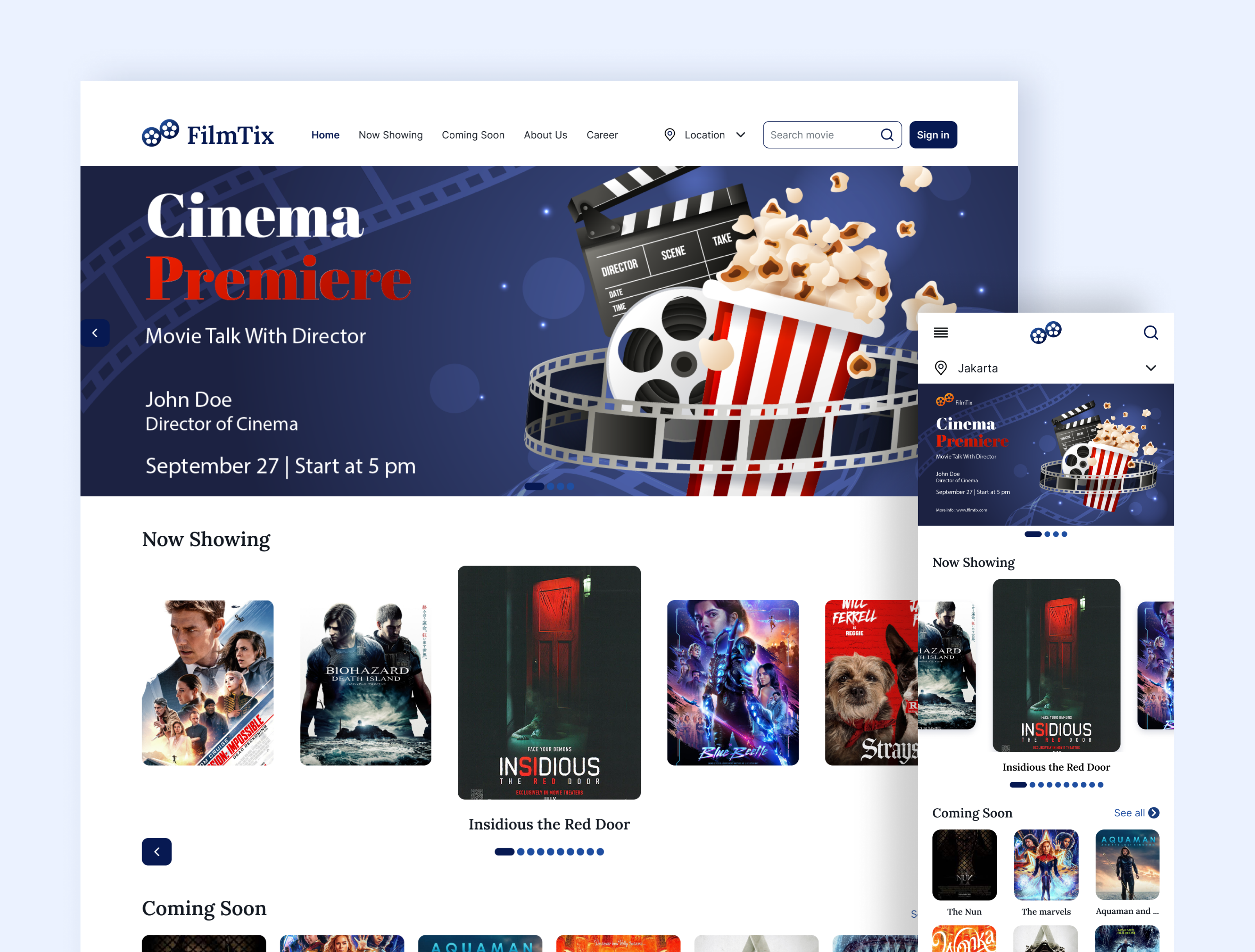 FilmTix - Responsive Website (Home) animation app bioskop branding case study cinema design desktop illustration logo mobile mobile app responsive website ticket ticket online ui uiux design ux web website