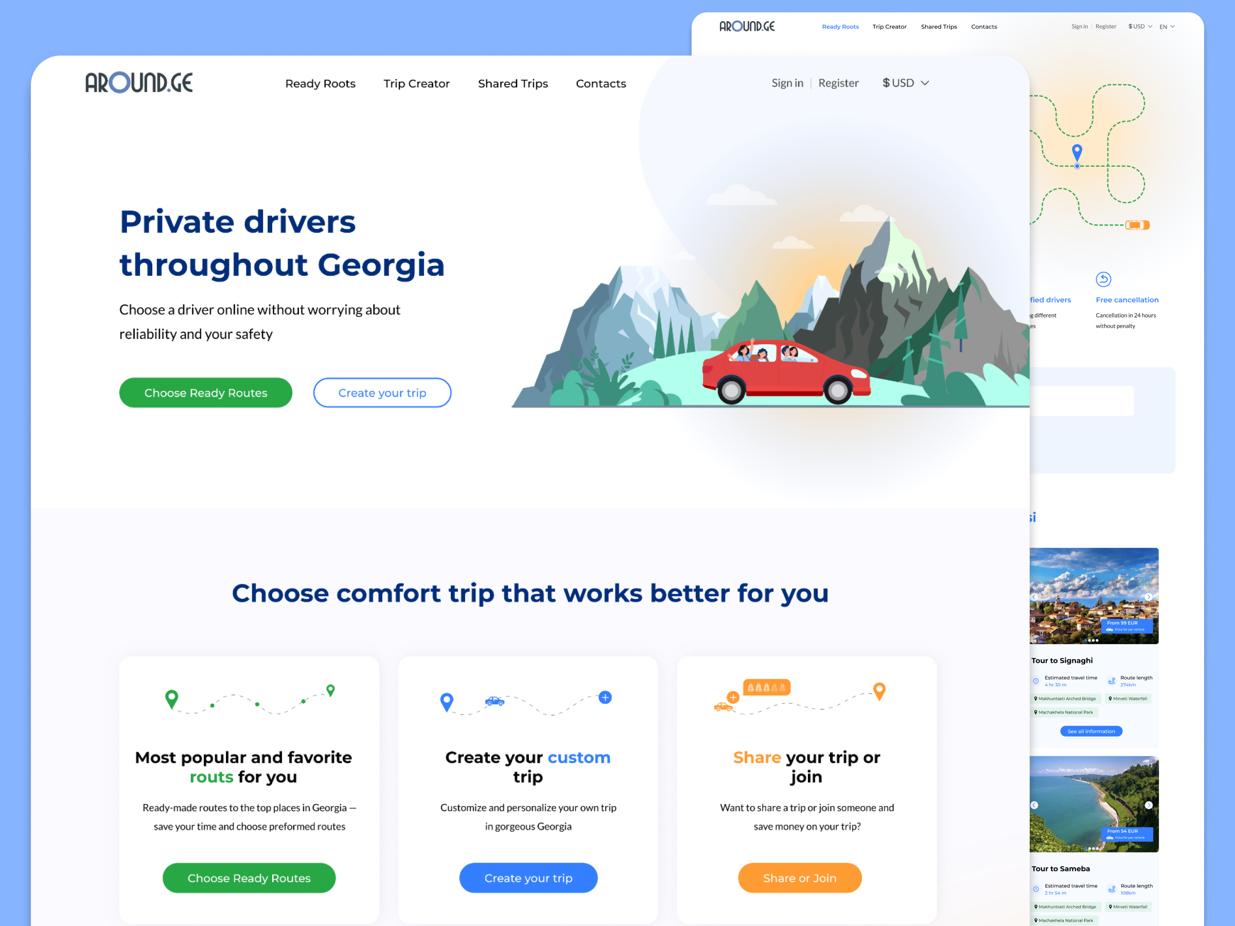 Website Trip Booking Platform UI/UX Design – Around.ge booking platform design landing page platform design product design prototyping ui ux website design