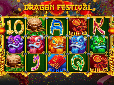 Slot machine "Dragon Festival" - The Main UI design development chinese game chinese slot chinese symbols design digital art dragon festival dragon symbols dragon themed gambling gambling art gambling design game art game design graphic design illustration reels slot design slot machine slot reels ui