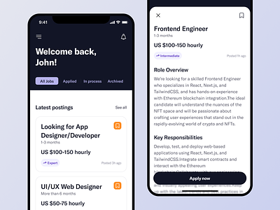 Job Board explorations app career design earnings freelance hiring interface ios job job board job portal job search minimal mobile app project ui ux work work description work finder