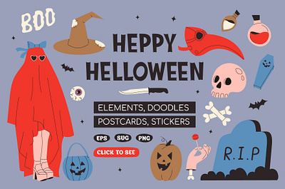 Happy Halloween collection adobe illustrator collection cute design doodle graphic design helloween heppy illustration postcard set sticker vector