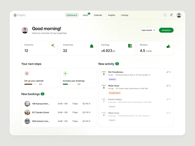 Property Management Dashboard app booking calendar clean dashboard everyway filter icons list management messages navigation notifications onboarding propert schedule steps ui ux web