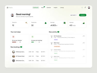 Property Management Dashboard app booking calendar clean dashboard everyway filter icons list management messages navigation notifications onboarding propert schedule steps ui ux web