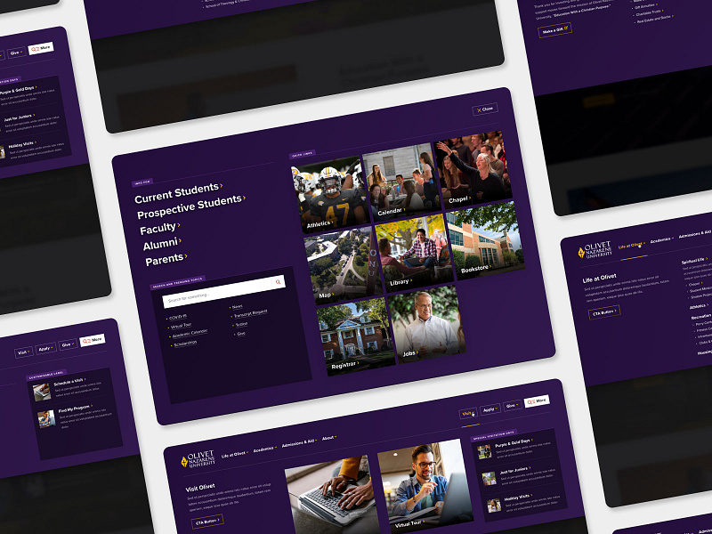 Olivet - Website Redesign, Navigation & Mega Menus cards clean gradient mega menu menu navigation overlay persona photo purple school search simple sitemap sophisticated ui university ux web design website