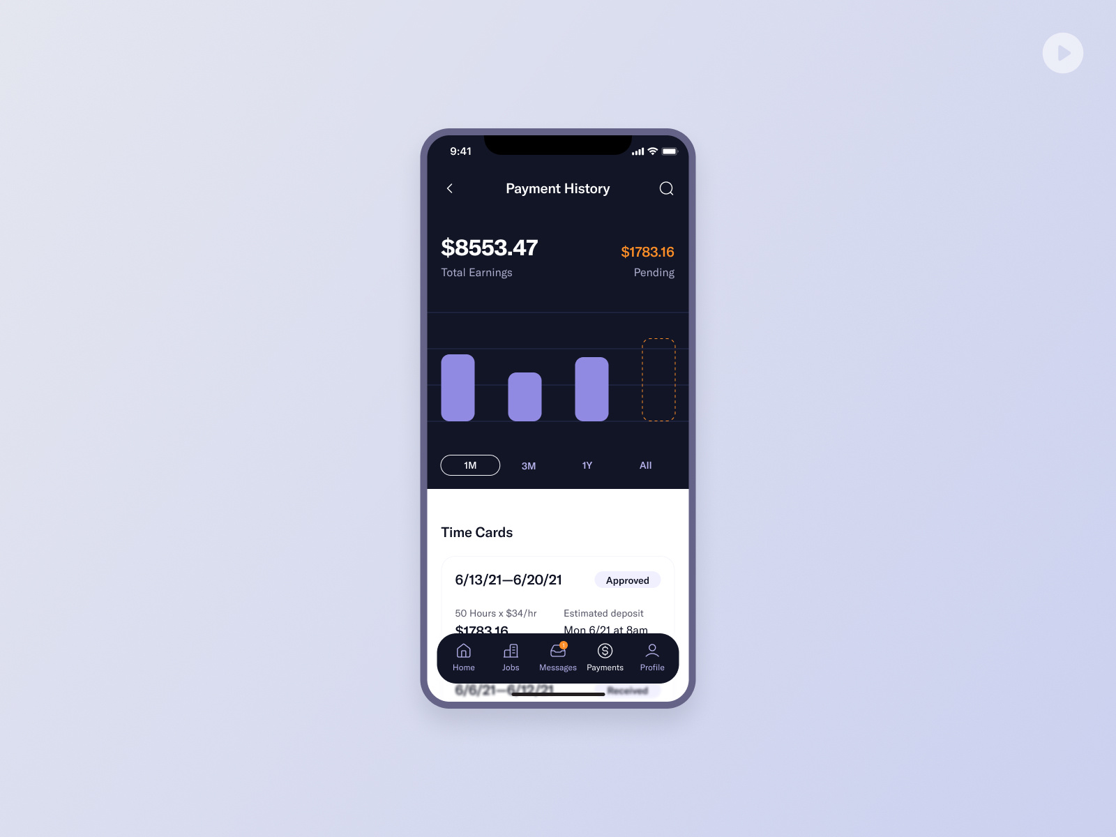 Payment history for the Job Board app animation app chart credit card design earnings history interaction interface job minimal mobile mobile app money pay payment payments payments history ui ux