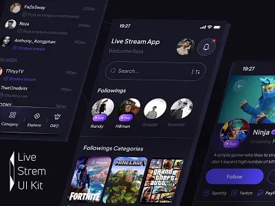 Live Stream UI Kit brodcast enver game platform game stream live live platform movie app reza n.musavi rezanmdesign stream stream platform stream template streamer streaming platform twitch ui ui design ui kit video service youtube