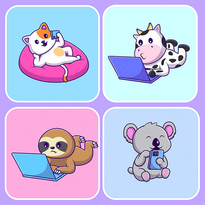 Cute Animals playing gadget cartoon animals cartoon cute design flat illustration logo mascot technology vector