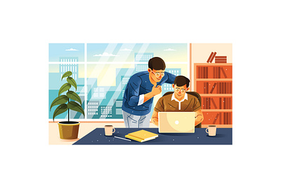 Two Young Men in Front of Computer Illustration laptop