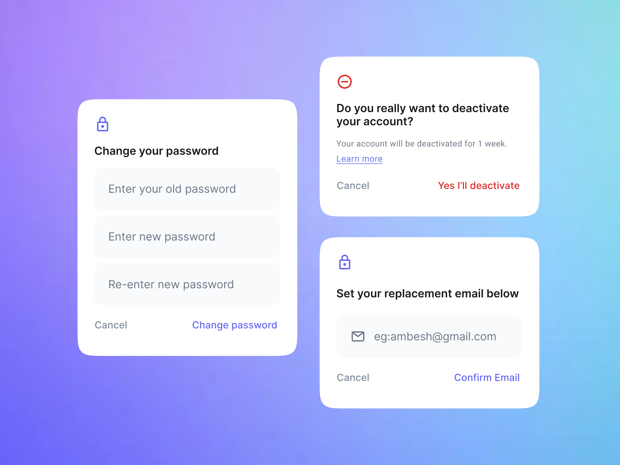 Pop ups (Change Password, Deactivate Account, Replacement Email) app branding design graphic design illustration logo typography ui ux vector