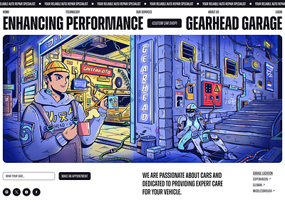 Gearhead - Garage Header Website automotive car cyber cyberpunk design flat garage graphic design header illustration procreate saas ui vector web design