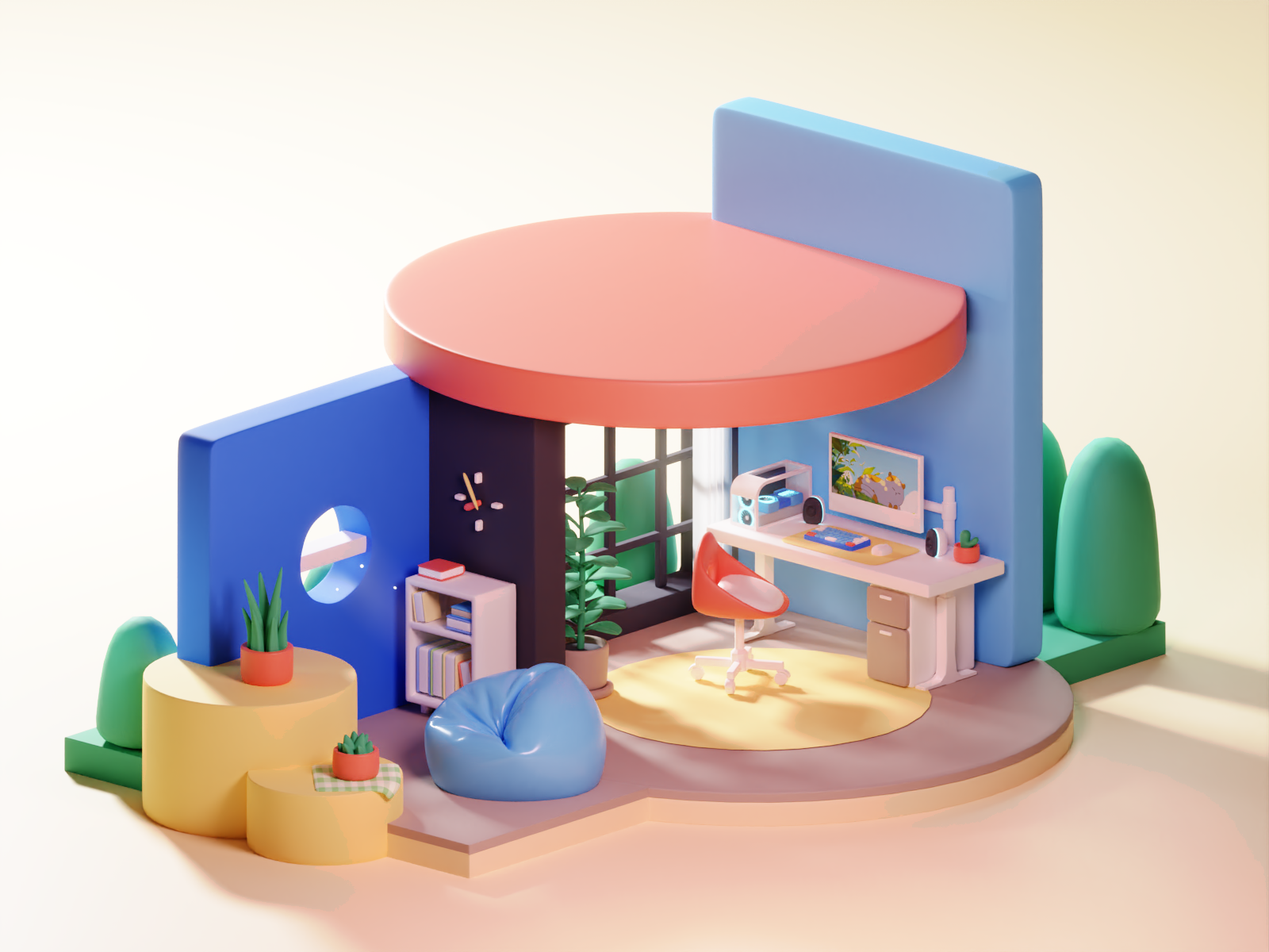 Cozy 3d room animation 3d abstract animation app application blender cozy design desk fiverr gigs home illustration motion graphics page room setup smart ui website