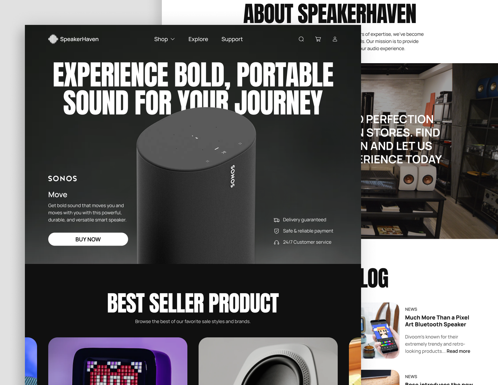 SpeakerHaven - Speaker E-Commerce Landing Page audio big font bold brutalism dark e commerce gadget landing page loudspeaker music product product page shop shopify sound speaker store tech webflow website