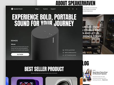 SpeakerHaven - Speaker E-Commerce Landing Page audio big font bold brutalism dark e commerce gadget landing page loudspeaker music product product page shop shopify sound speaker store tech webflow website