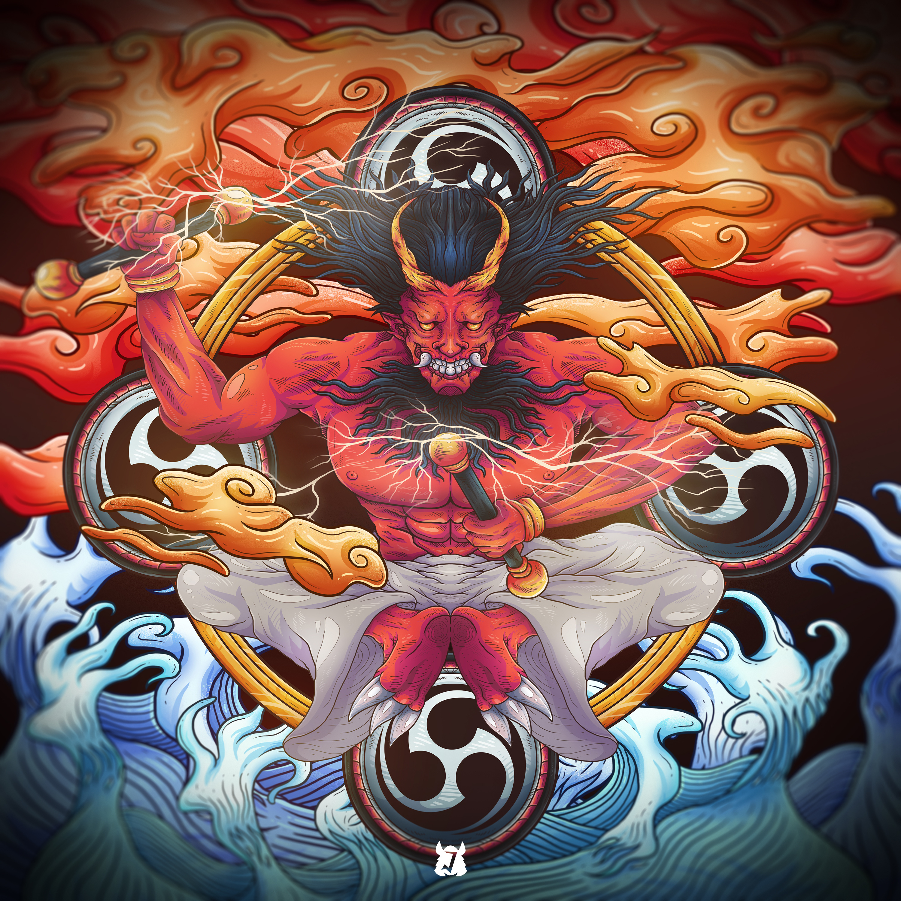 Raijin God of Thunder Merchandise Illustration anime apparel art branding cartoon character design digital art gods graphic design illustration indonesia japan mythology photoshop procreate raijin t shirt vector