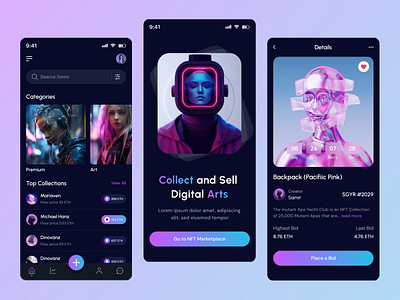 NFTs Marketplace Mobile App app art creative crypto dark version graphic design marketplace minimal mobile app mobile app design mobile ui nft nft app nft design nft mobile nft mobile app nft mobile app design ui ux uxui design