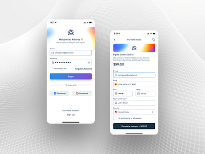 Atheros Login & Checkout mobile app screens app appdesign appdesigner checkout interfacedesign ios iosapp login signin ui uiuxdesign ux uxdesigner uxui