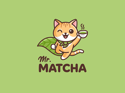 Mr. Matcha Branding animal brand brand guide branding cartoon cat character cute flying happy identity illustrative logo japanese tea kitten label design logo mascot matcha superhero wink