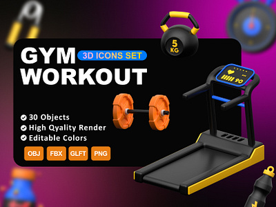 Gym Workout 3D icon Set 💪 bench press dumbbell gym cycle gym plates hand grip