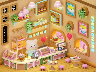 Tiny Bakery 3d art bakery blender breakfast buenoverse cafe cartoon cat coffee cups cute design donut fuzzy isometric isometry pastry rabbit render