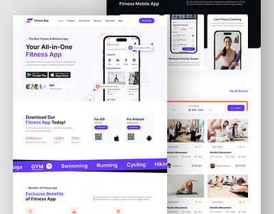 Fitness App Landing Page | App Landing Page UI Kit | Web Design app design app landing page app website design figma fitness fitness landing page fitness website landing page landingpage minimal app ui ux web design web designer webdesign website website design wordpress workout