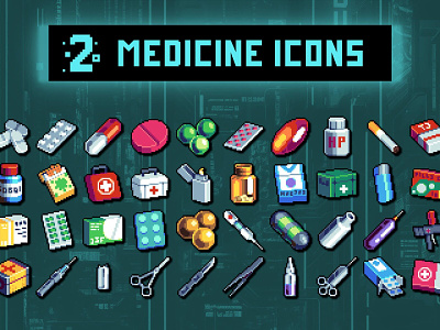 Medicine and Thematic Things Pixel Art 32×32 Icon Pack 2d 32x32 art asset assets cyberpunk game game assets gamedev icon icons indie indie game medic medicine mmorpg pixel pixelart pixelated rpg