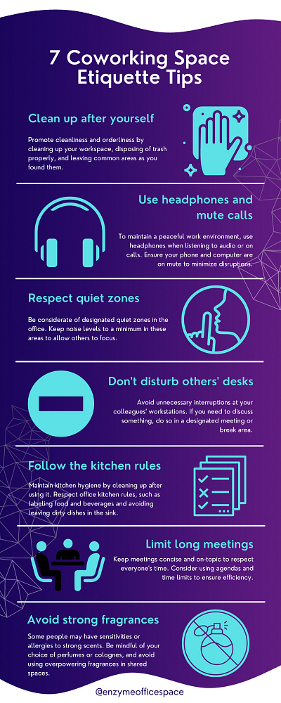 7 coworking space etiquette tips branding design graphic design infographic
