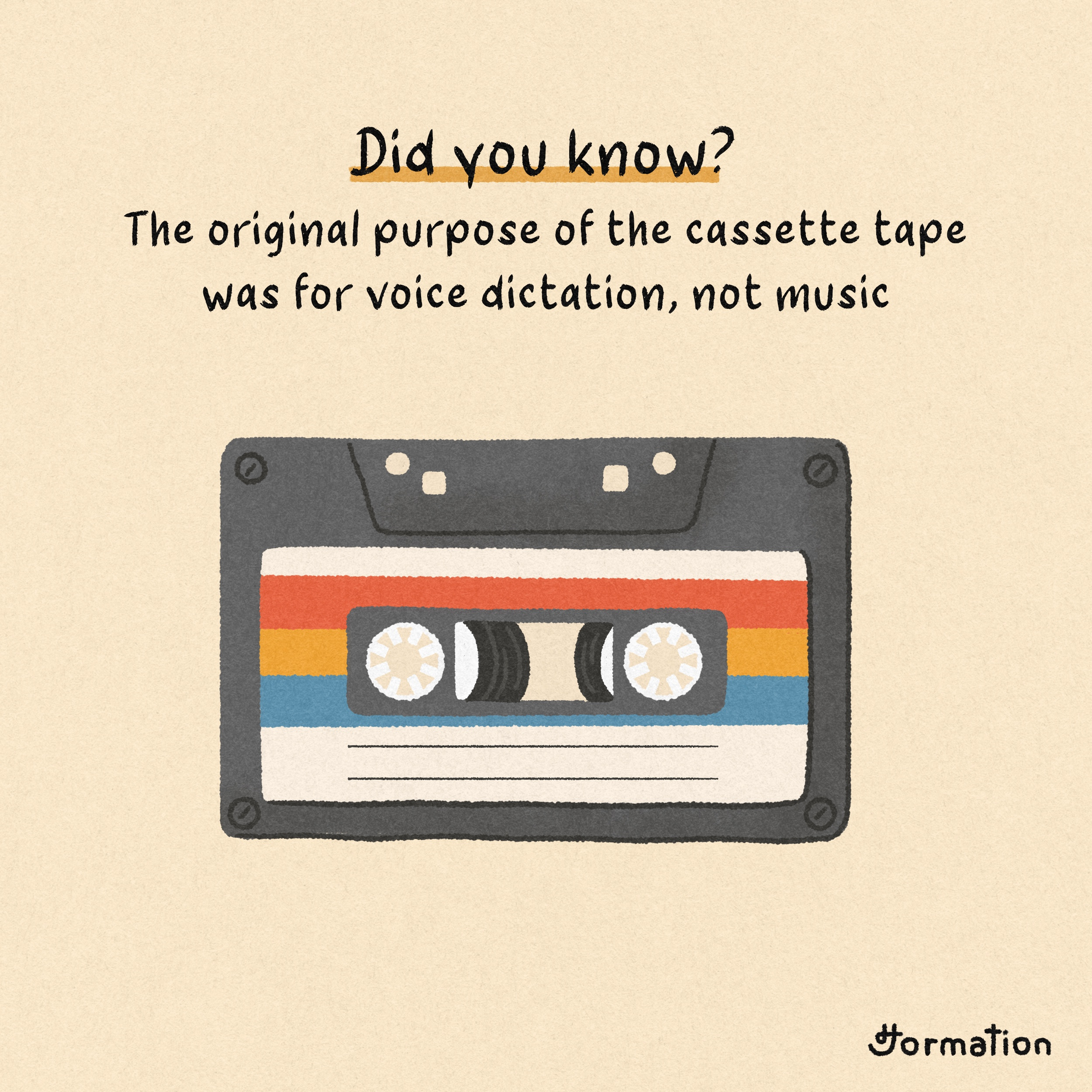 Cassette tape was developed for voice dictation, not music audio cartoon cassette cassette tape digital art digital illustration drawing fact fun fact history illustration music tape