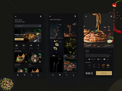 Food Delivery app app app design branding dark mode design ecommerce elegant figma food food app graphic design illustration interface minimal motion graphics premium sass ui ui ux ux