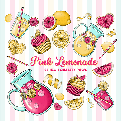 Pink Lemonade Clipart Bundle artwork clipart design digital illustration graphic design graphic elements illustration lemonade lemonade art lemons pink lemonade png