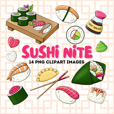 Sushi Night Clipart Bundle asian food branding clipart design digital illustration graphic design graphic elements illustration sushi sushi art sushi clipart