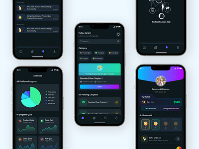 Quiz Game Mobile App achivement ads card anaytics screen award section bottom menu category creative quiz app dark theme game app gradient color graph design graphic design in progress quiz lession card notification profile screen quiz game quiz mobile app refer and earn wallet scrren