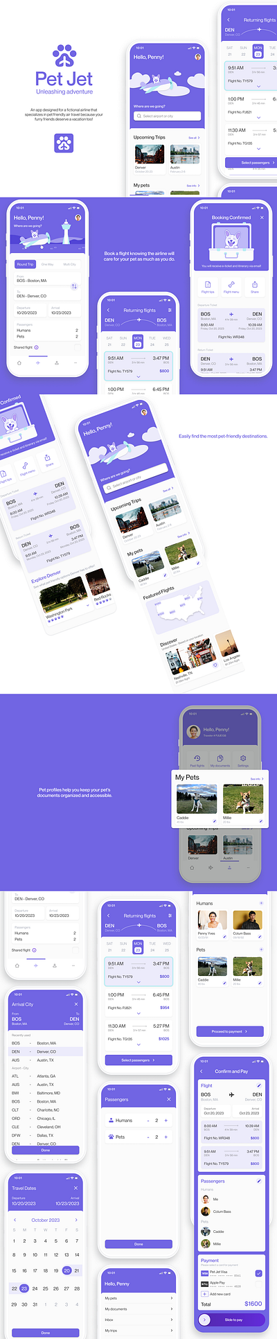 Pet Jet - Mobile App branding graphic design logo purple travel app ui
