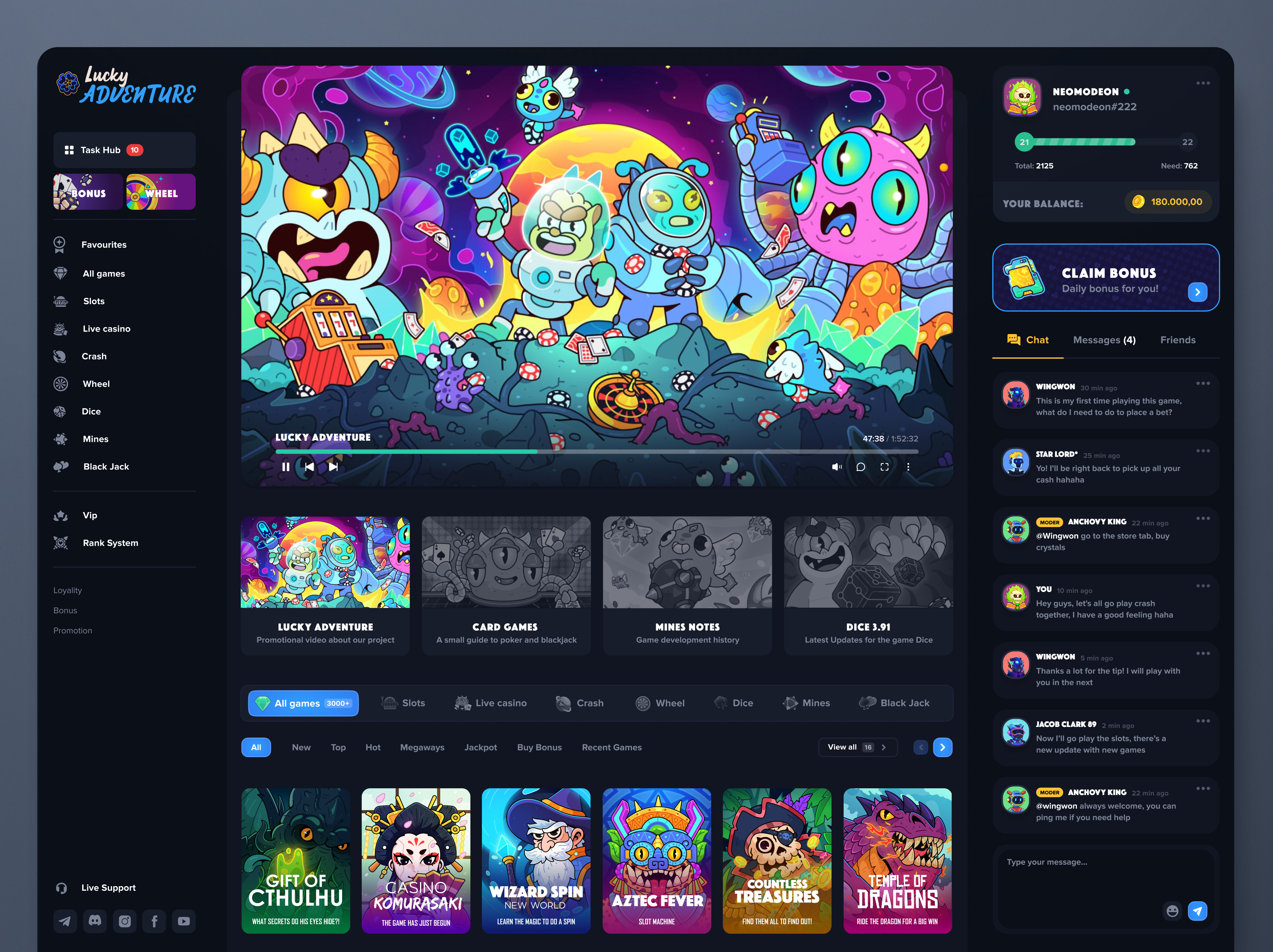 Lucky Adventure: Home page Casino 2d game betting black jack casino crash dark dice gambling game game art landing page online casino poker slot game slot machine slots web web design wheel win