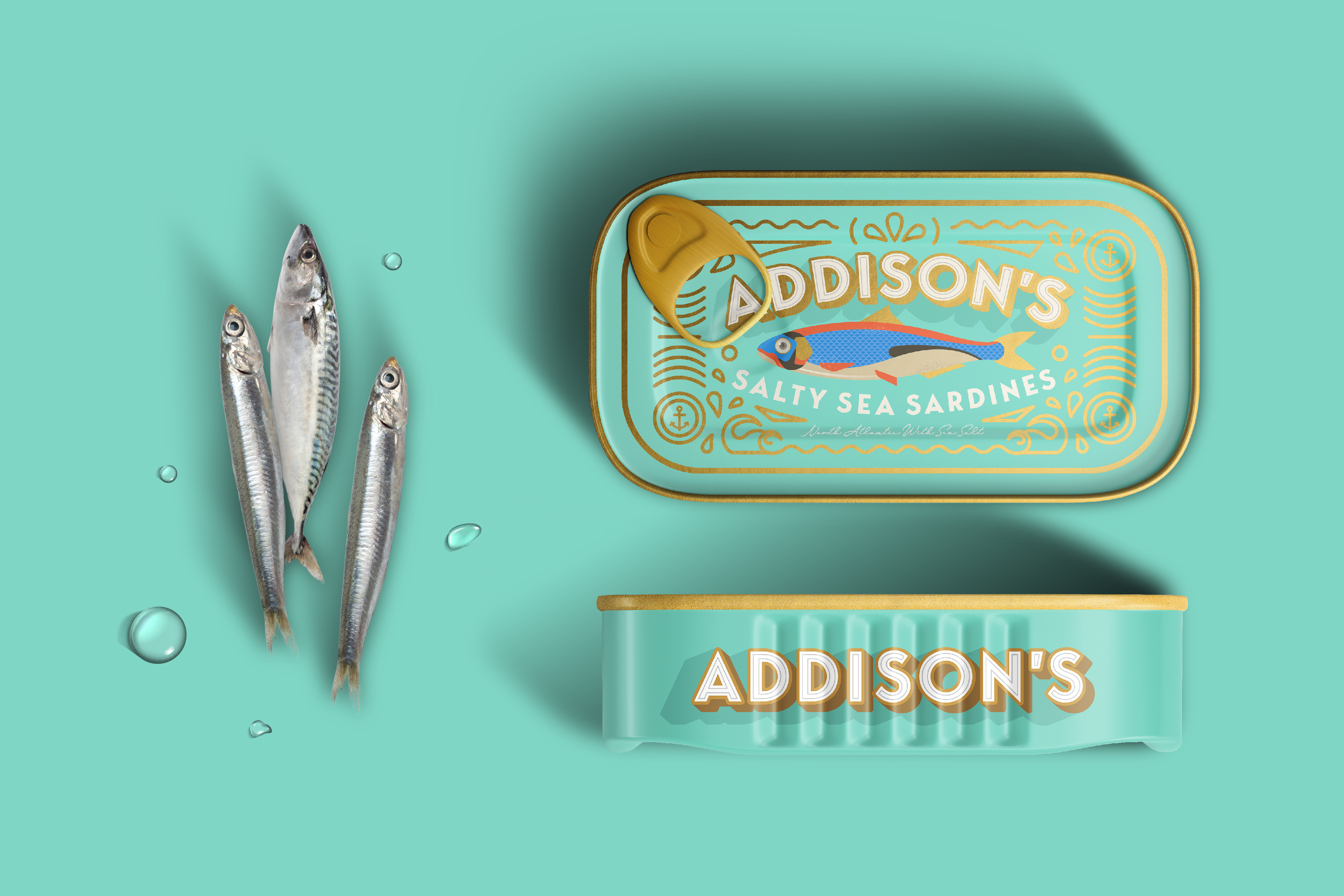 Addison's Salty Sea Sardines Package Design brand design brand identity branding branding design fish fish branding identity identity design illustration package package design packaging packaging design sardine sardine branding sardines tin can vintage vintage packaging visual identity